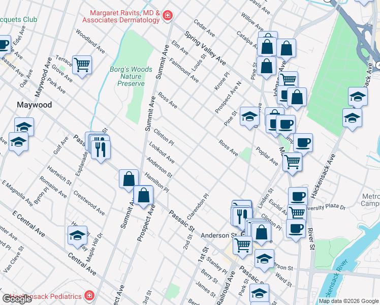 map of restaurants, bars, coffee shops, grocery stores, and more near 512 Prospect Avenue in Hackensack