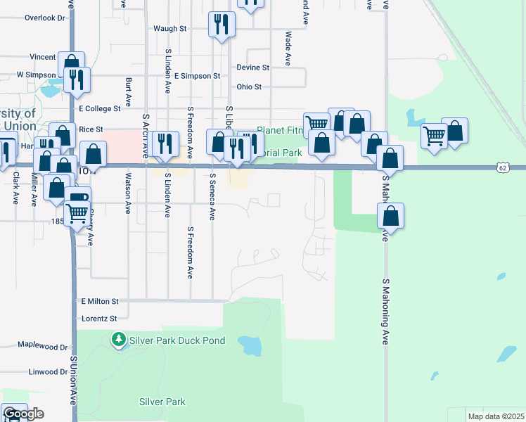 map of restaurants, bars, coffee shops, grocery stores, and more near 707 Mill Circle in Alliance