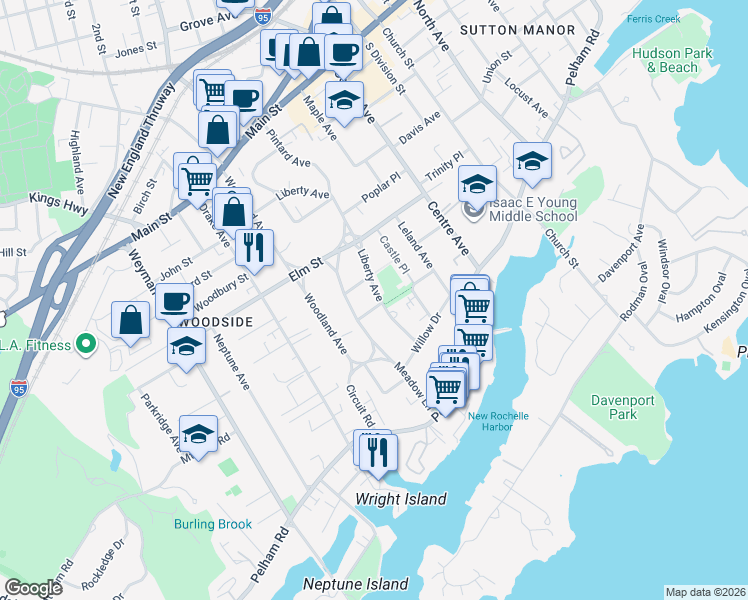 map of restaurants, bars, coffee shops, grocery stores, and more near 65 Chestnut Lane in New Rochelle