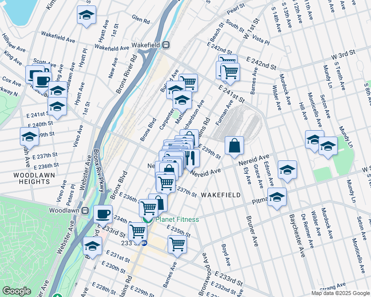 map of restaurants, bars, coffee shops, grocery stores, and more near 4421 White Plains Road in Bronx