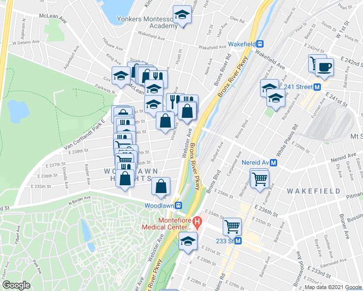 map of restaurants, bars, coffee shops, grocery stores, and more near 517 East 236th Street in Bronx