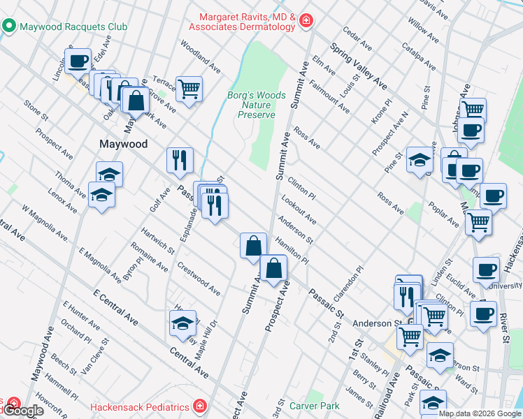 map of restaurants, bars, coffee shops, grocery stores, and more near 400 Hamilton Place in Hackensack