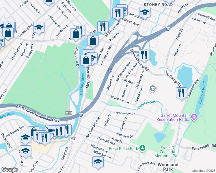 map of restaurants, bars, coffee shops, grocery stores, and more near 126 Mount Pleasant Avenue in Woodland Park