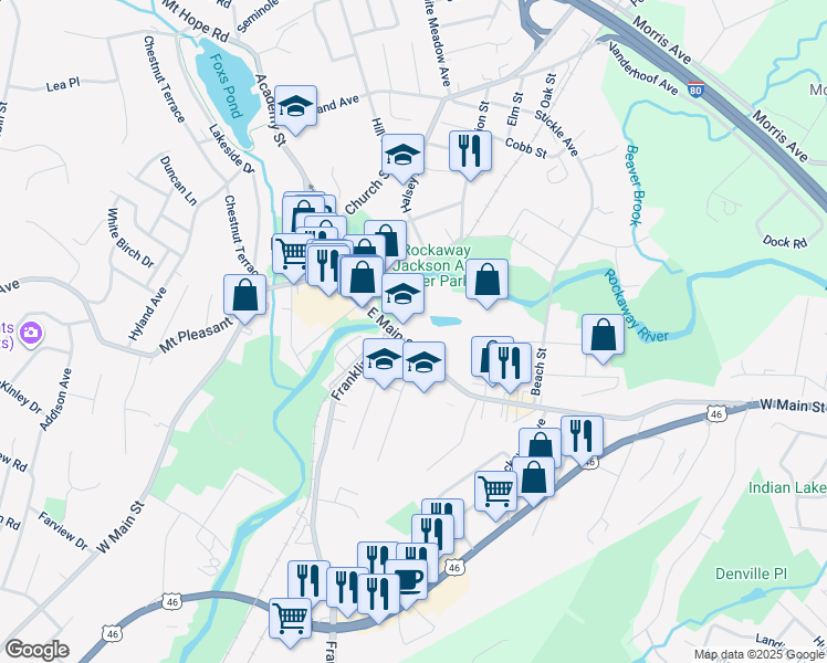 map of restaurants, bars, coffee shops, grocery stores, and more near 66 East Main Street in Rockaway