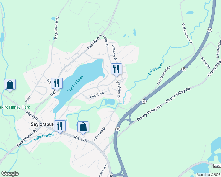 map of restaurants, bars, coffee shops, grocery stores, and more near 745 McCabe Lane in Saylorsburg
