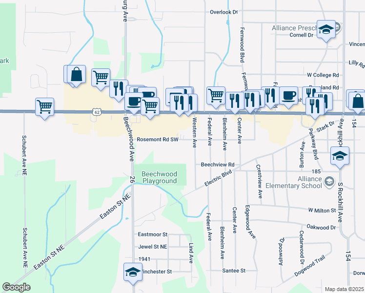 map of restaurants, bars, coffee shops, grocery stores, and more near 2171 Western Avenue in Alliance
