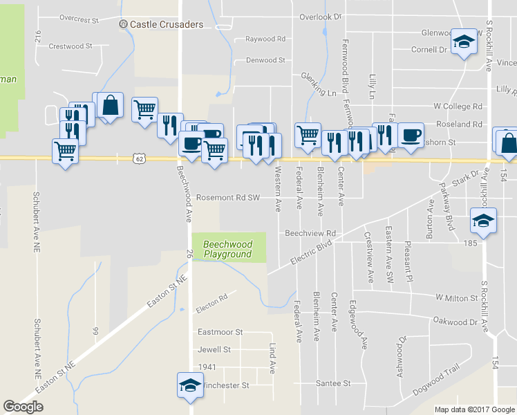 map of restaurants, bars, coffee shops, grocery stores, and more near 1660 Rosemont Road Southwest in Alliance
