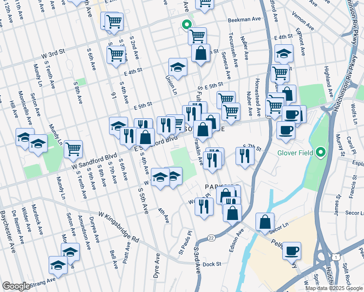 map of restaurants, bars, coffee shops, grocery stores, and more near 550 Franklin Avenue in Mount Vernon