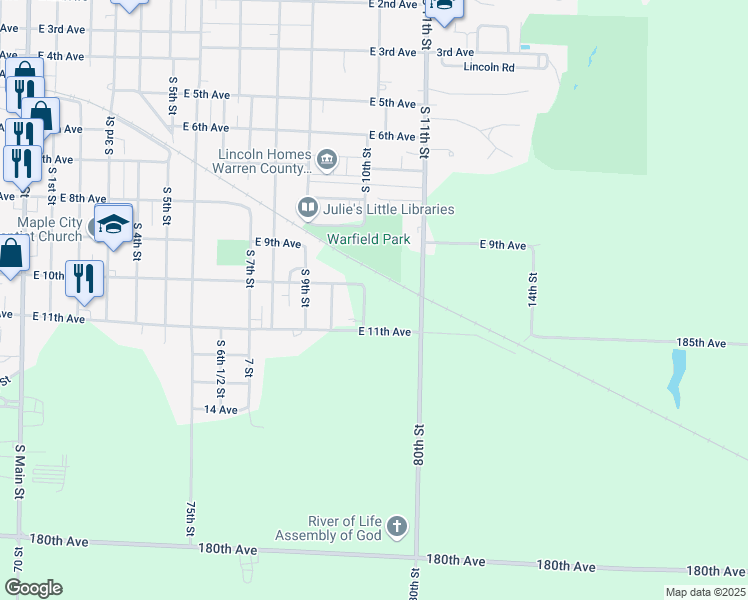 map of restaurants, bars, coffee shops, grocery stores, and more near 1100-1198 East 11th Avenue in Monmouth