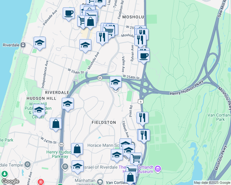 map of restaurants, bars, coffee shops, grocery stores, and more near 5250 Fieldston Road in The Bronx