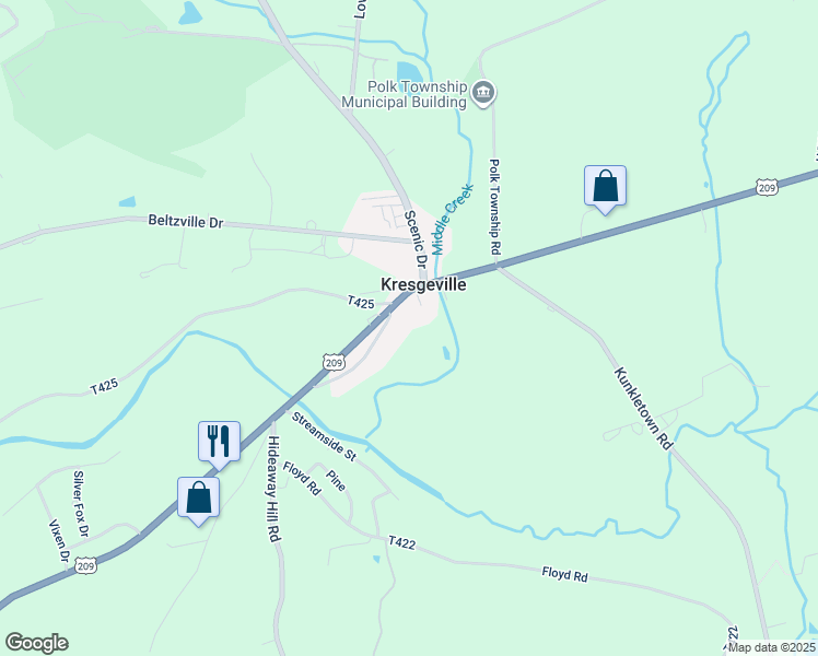 map of restaurants, bars, coffee shops, grocery stores, and more near 146 Trach Road in Kresgeville