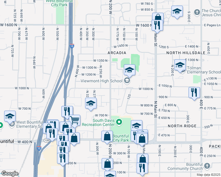 map of restaurants, bars, coffee shops, grocery stores, and more near 989 North 200 West in Bountiful