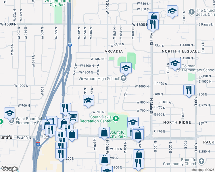 map of restaurants, bars, coffee shops, grocery stores, and more near North 200 West in Bountiful