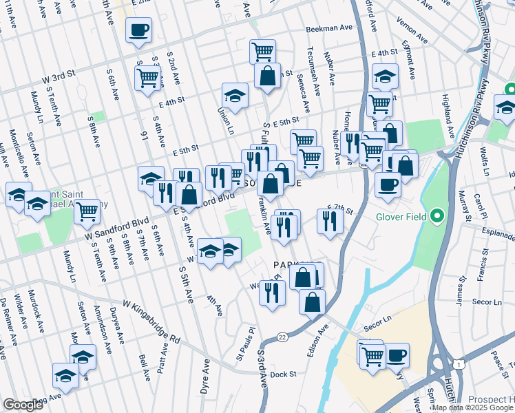 map of restaurants, bars, coffee shops, grocery stores, and more near 545 Franklin Avenue in Mount Vernon