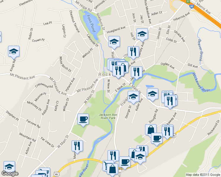 map of restaurants, bars, coffee shops, grocery stores, and more near 38 West New Street in Rockaway