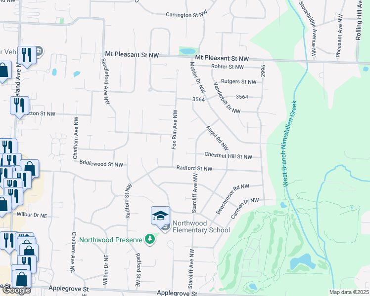 map of restaurants, bars, coffee shops, grocery stores, and more near 2444 Chestnut Hill Street Northwest in North Canton