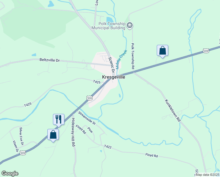 map of restaurants, bars, coffee shops, grocery stores, and more near 146 Trach Road in Kresgeville