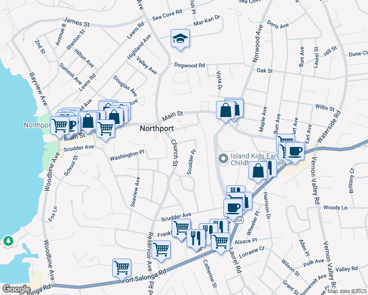 map of restaurants, bars, coffee shops, grocery stores, and more near 72 Church Street in Northport