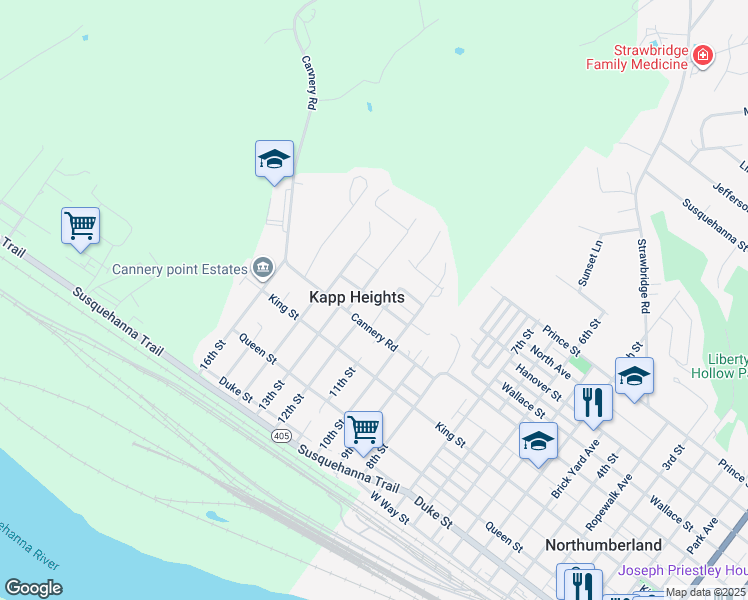 map of restaurants, bars, coffee shops, grocery stores, and more near Franklin Street in Northumberland