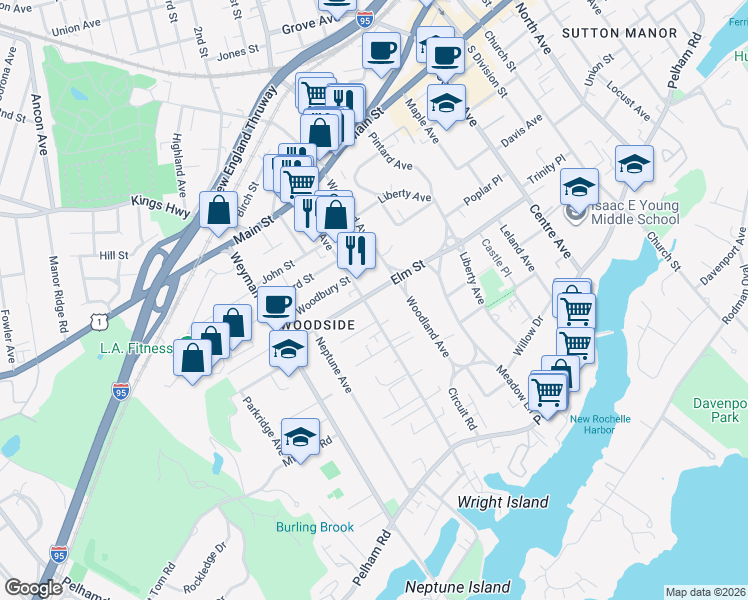 map of restaurants, bars, coffee shops, grocery stores, and more near 131 Drake Avenue in New Rochelle