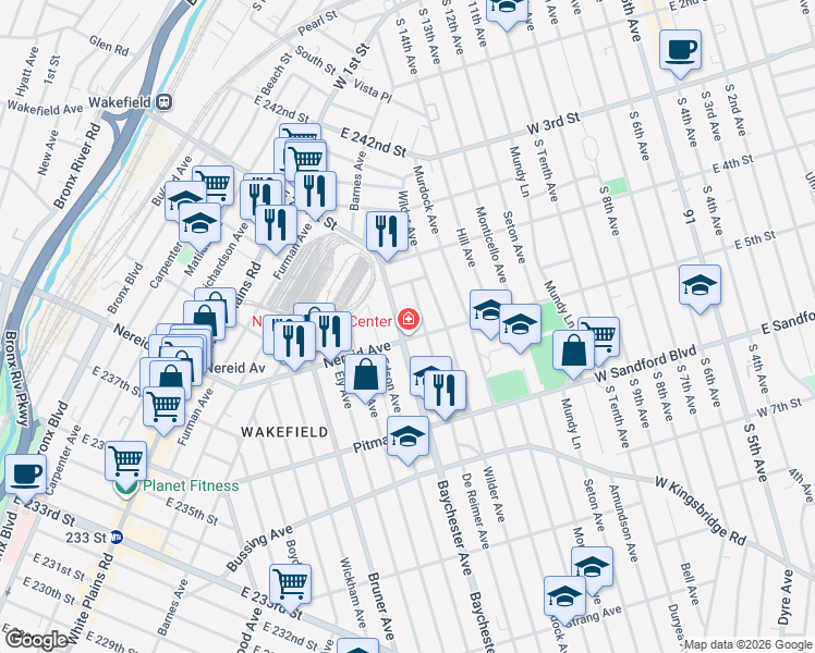 map of restaurants, bars, coffee shops, grocery stores, and more near 1960 Nereid Avenue in Bronx