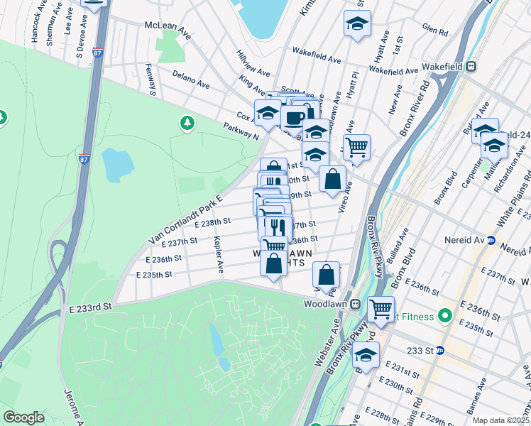 map of restaurants, bars, coffee shops, grocery stores, and more near in The Bronx