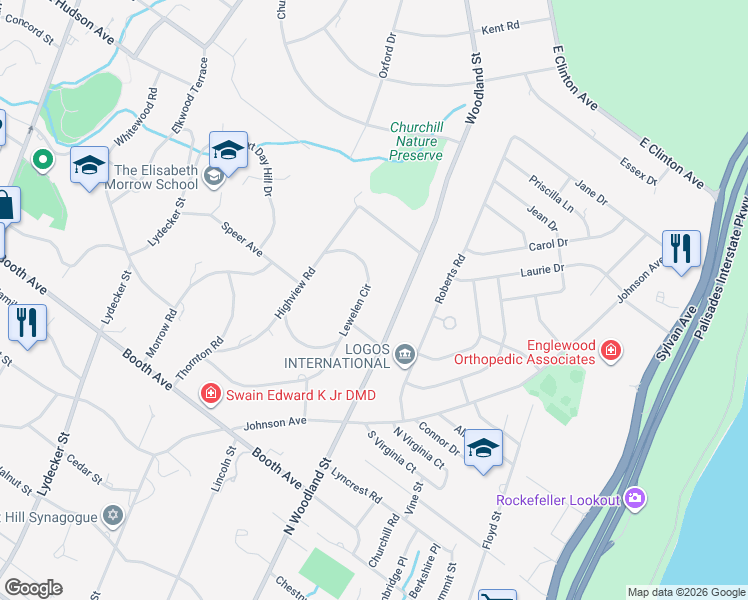 map of restaurants, bars, coffee shops, grocery stores, and more near 432 North Woodland Street in Englewood