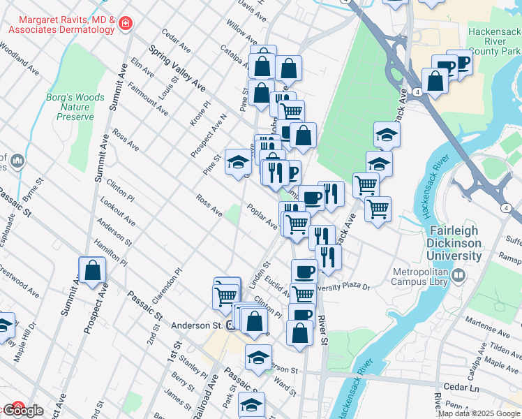map of restaurants, bars, coffee shops, grocery stores, and more near 40 Poplar Avenue in Hackensack
