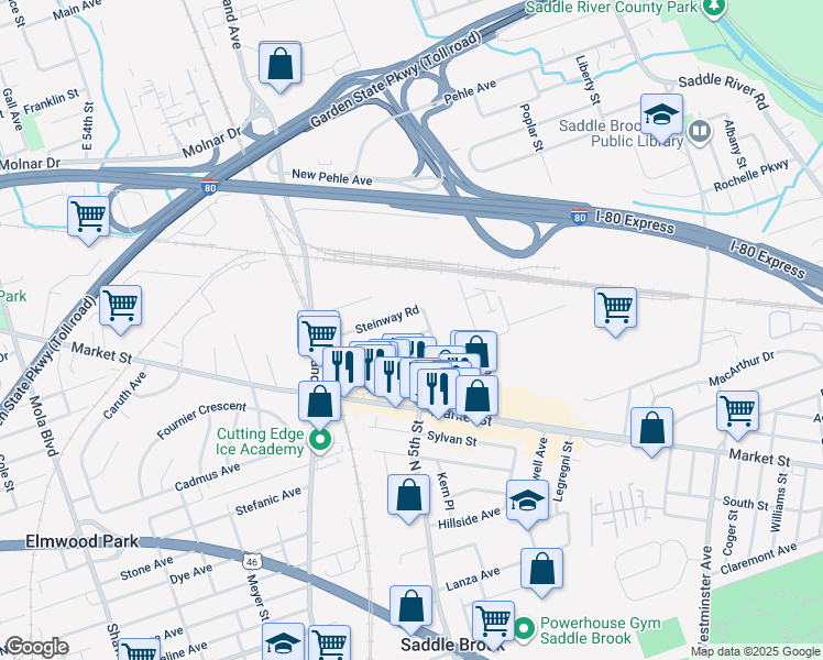 map of restaurants, bars, coffee shops, grocery stores, and more near 467 Dewey Avenue in Saddle Brook