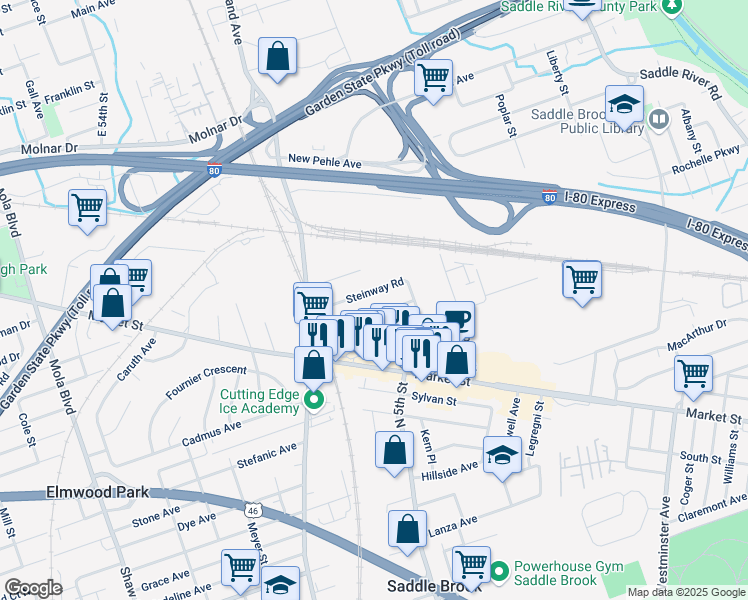 map of restaurants, bars, coffee shops, grocery stores, and more near 500 Hobson Avenue in Saddle Brook
