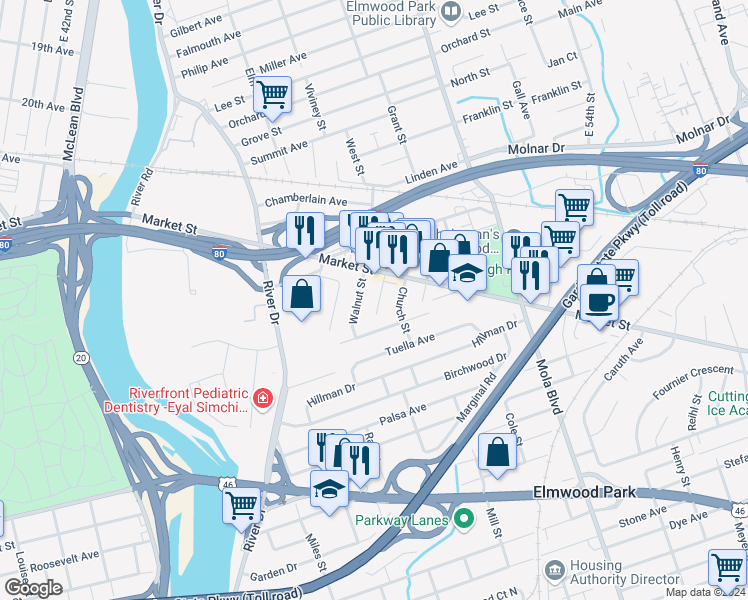 map of restaurants, bars, coffee shops, grocery stores, and more near 33 Walnut Street in Elmwood Park