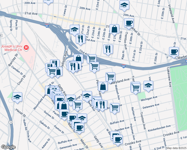 map of restaurants, bars, coffee shops, grocery stores, and more near 50 Alabama Avenue in Paterson