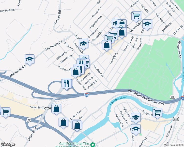 map of restaurants, bars, coffee shops, grocery stores, and more near 22 Acorn Street in Totowa