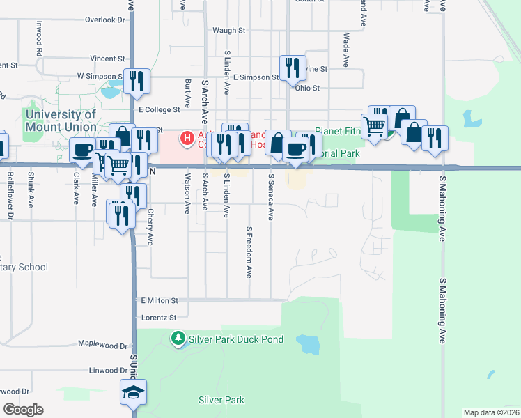 map of restaurants, bars, coffee shops, grocery stores, and more near 2311 South Seneca Avenue in Alliance