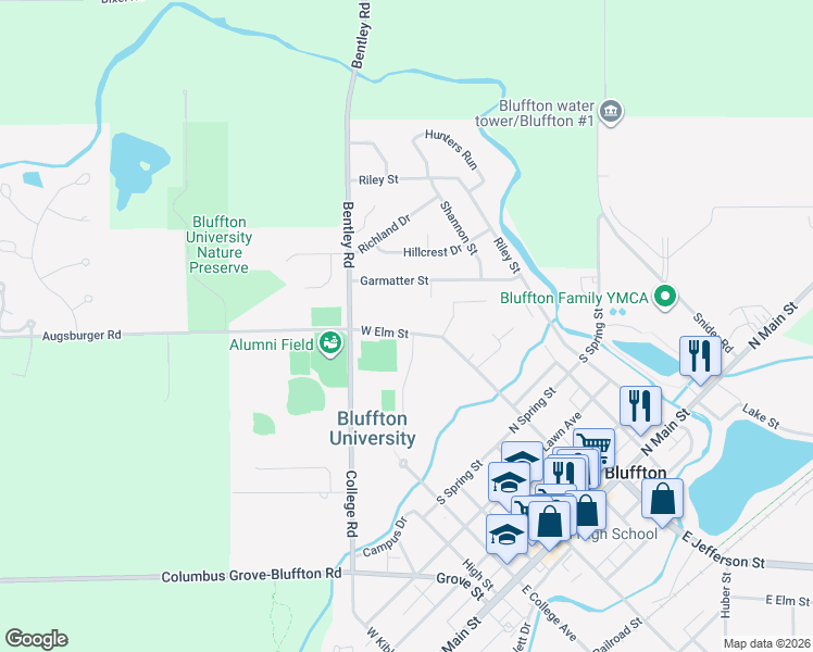 map of restaurants, bars, coffee shops, grocery stores, and more near Rosenberger Rd in Bluffton