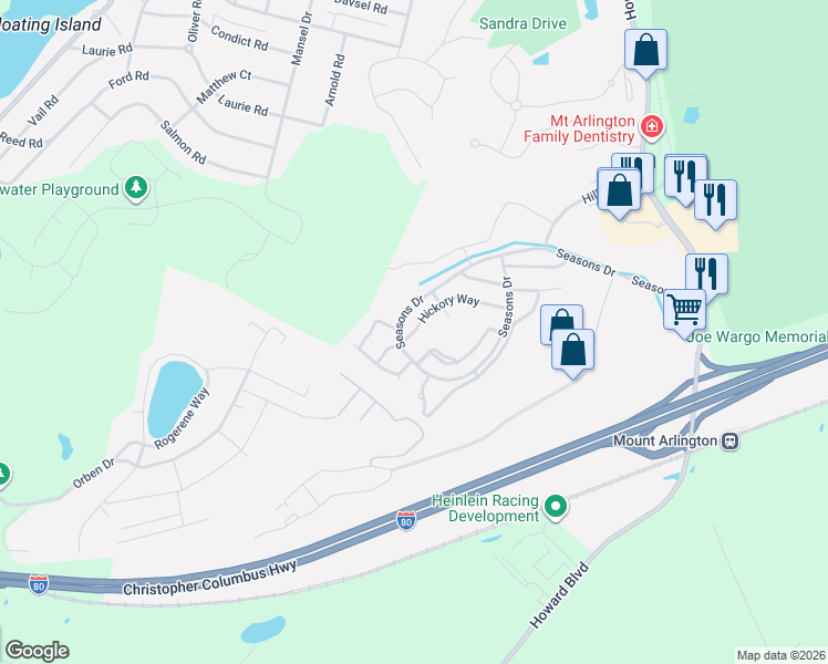 map of restaurants, bars, coffee shops, grocery stores, and more near 57 Maple Lane in Mount Arlington