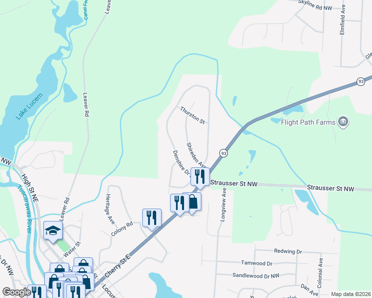 map of restaurants, bars, coffee shops, grocery stores, and more near 726 Shireden Avenue in Canal Fulton