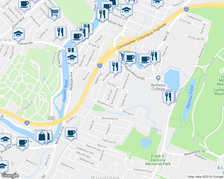 map of restaurants, bars, coffee shops, grocery stores, and more near 71 Bush Avenue in Little Falls