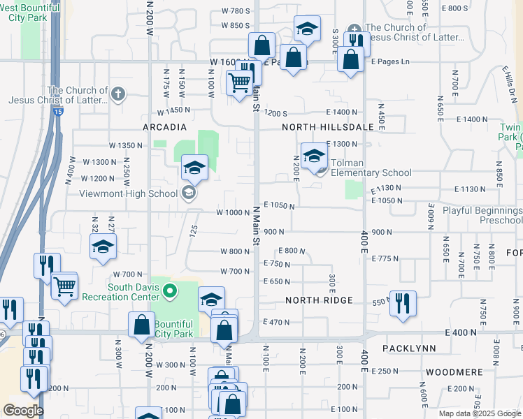 map of restaurants, bars, coffee shops, grocery stores, and more near 95 900 North in Bountiful