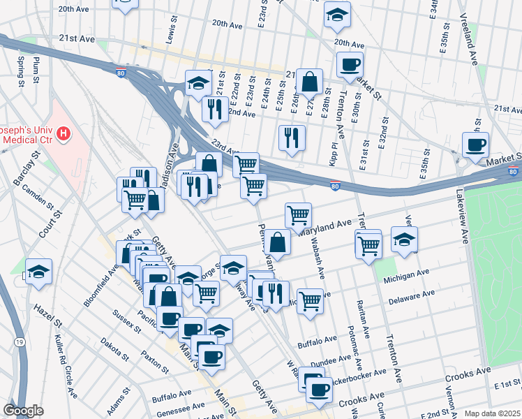 map of restaurants, bars, coffee shops, grocery stores, and more near 50 Alabama Avenue in Paterson