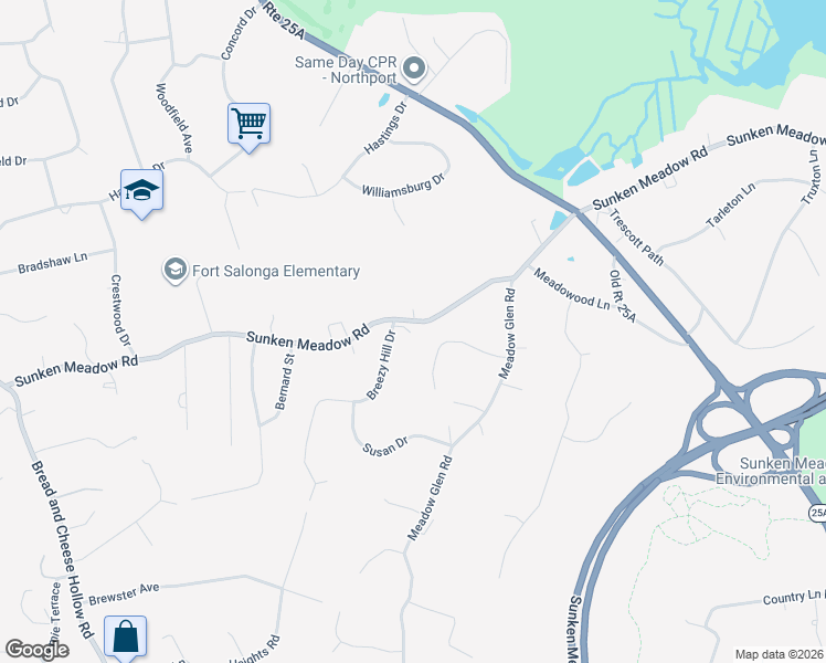 map of restaurants, bars, coffee shops, grocery stores, and more near 84 Sunken Meadow Road in Northport