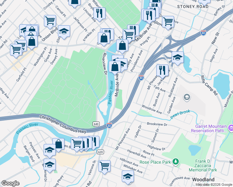 map of restaurants, bars, coffee shops, grocery stores, and more near 127 Newby Avenue in Woodland Park