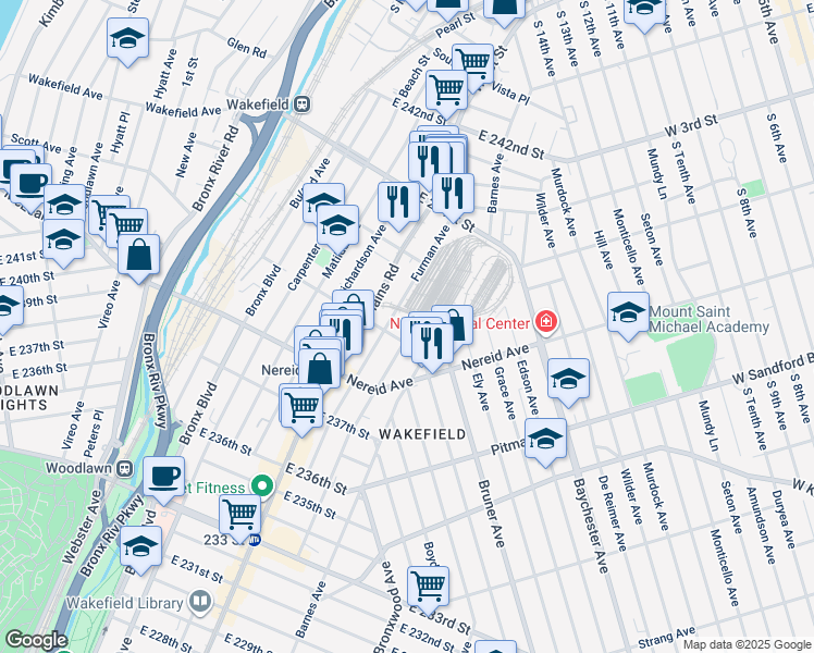 map of restaurants, bars, coffee shops, grocery stores, and more near 4543 Furman Avenue in The Bronx