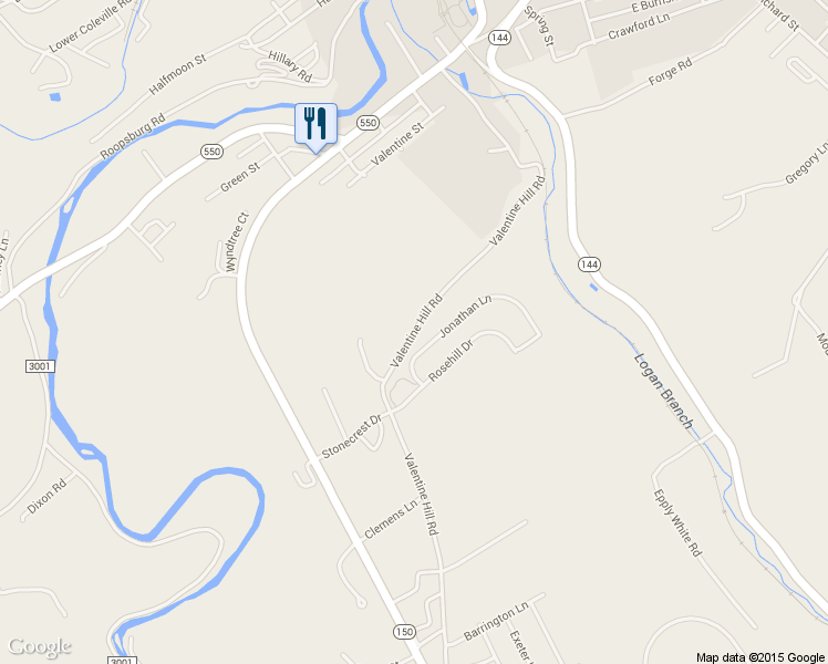 map of restaurants, bars, coffee shops, grocery stores, and more near Valentine Hill Road in Bellefonte