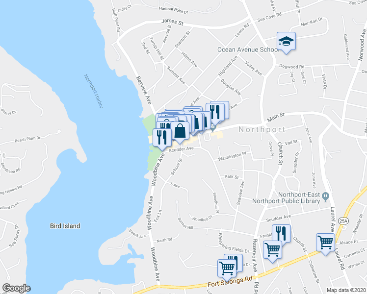 map of restaurants, bars, coffee shops, grocery stores, and more near 41 Scudder Avenue in Northport