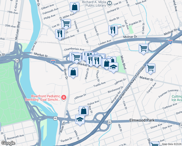 map of restaurants, bars, coffee shops, grocery stores, and more near 214 Market Street in Elmwood Park