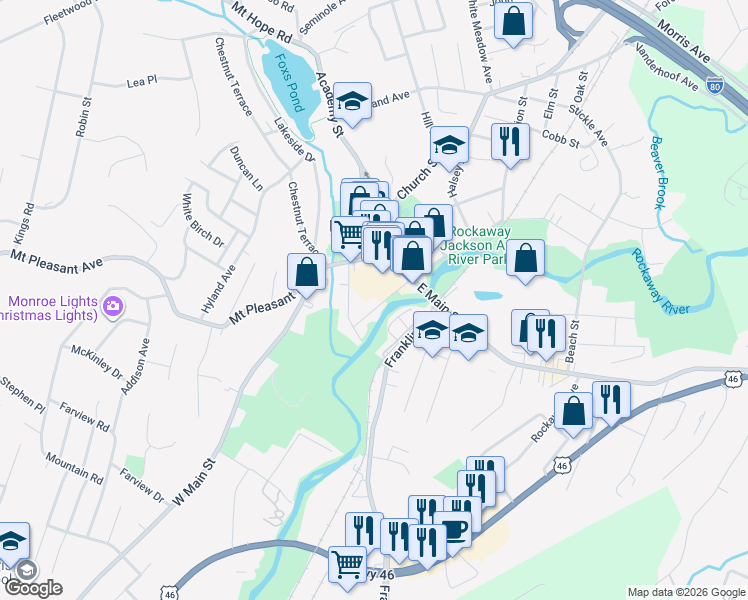 map of restaurants, bars, coffee shops, grocery stores, and more near 1 Bank Street in Rockaway