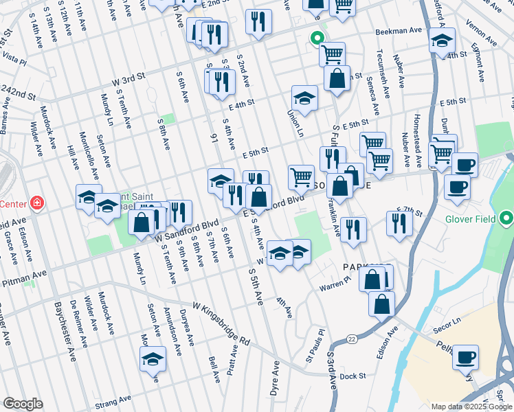 map of restaurants, bars, coffee shops, grocery stores, and more near 449 South 3rd Avenue in Mount Vernon