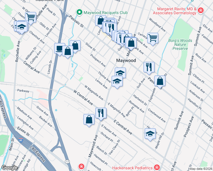 map of restaurants, bars, coffee shops, grocery stores, and more near 17 Thoma Avenue in Maywood