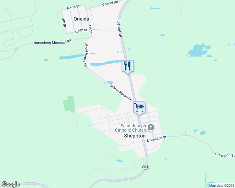 map of restaurants, bars, coffee shops, grocery stores, and more near School House Road in Sheppton